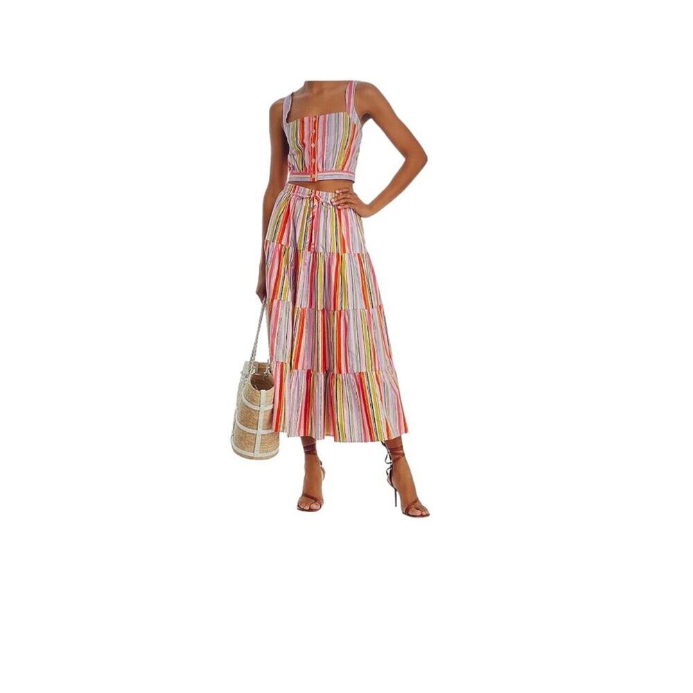 AQUA Bright Lightweight Multistripe Crop Top & Tiered Midi Skirt Size Small